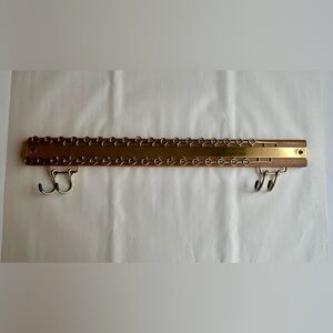 Vintage Wood & Brass Wall Mounted Tie Rack MCM 19”L x 2”W